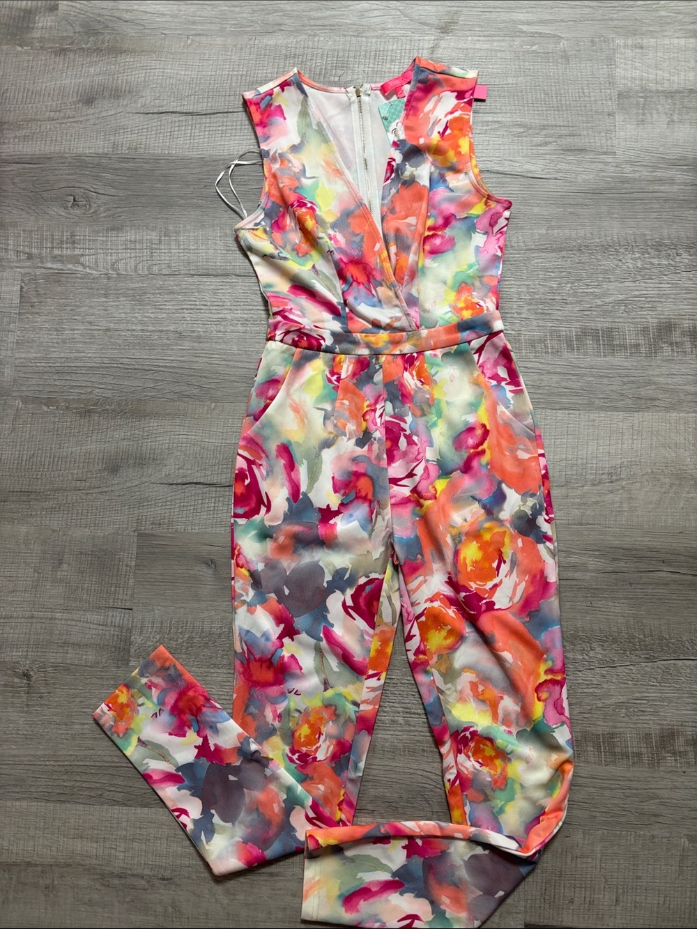 Xtaren Sleeveless Floral Watercolor Jumpsuit in Pink, Orange, Green